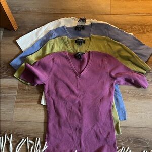 Women’s V-Neck Ribbed Shirts - Blue, Pink, Green, and cream